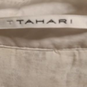 TAHARI white floral laced bodice s/s dress w pleated waistband & front pockets 6